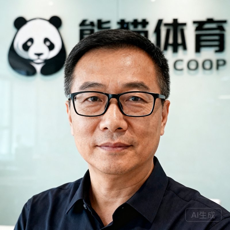 张明远，熊猫体育创始人兼CEO，40岁，前欧洲体育流媒体技术专家，戴黑框眼镜，穿着深色商务衬衫，背景为成都办公室的熊猫体育logo墙。