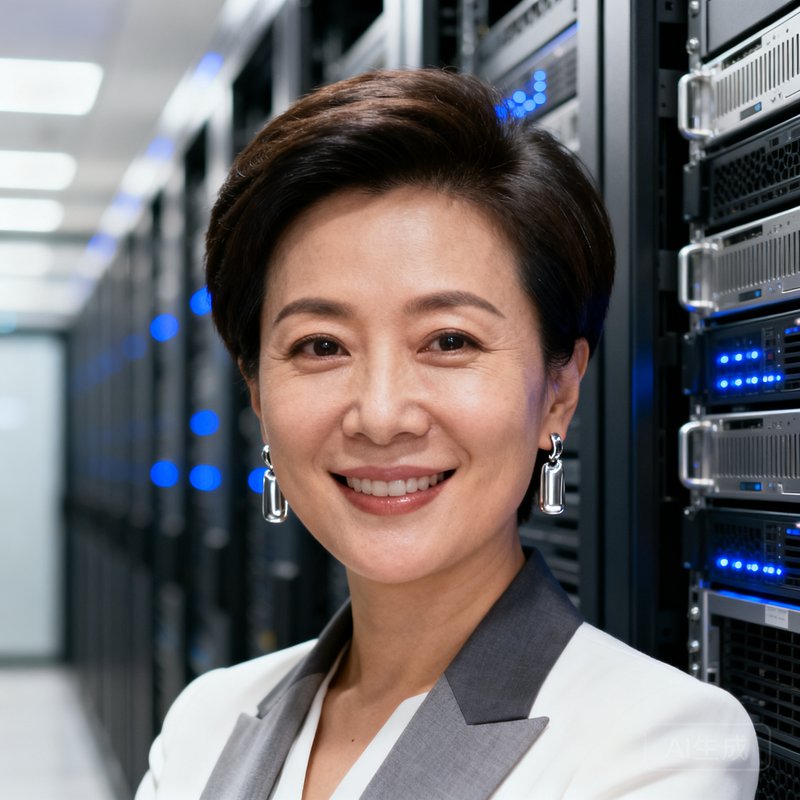 李晓娜，熊猫体育技术副总裁，36岁，前阿里巴巴P9级算法专家，短发干练，佩戴银色耳饰，站在服务器机房中微笑。