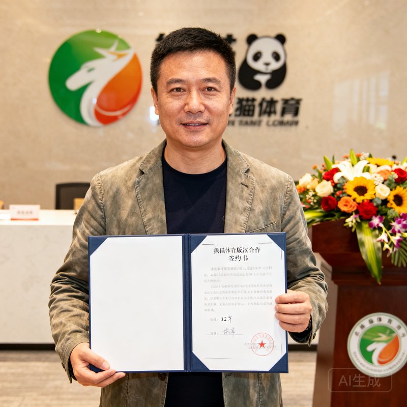 王志强，熊猫体育版权合作总监，42岁，前央视体育频道资深制片人，身着休闲西装，在签约仪式现场手持合作协议。