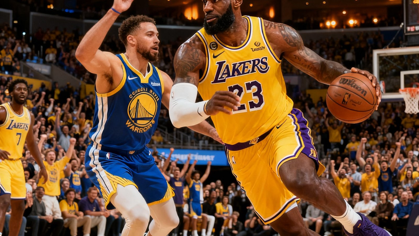 NBA直播画面：洛杉矶湖人队与金州勇士队在斯台普斯中心激烈对抗，勒布朗·詹姆斯持球突破，现场观众欢呼沸腾，高清镜头捕捉每一个精彩瞬间。